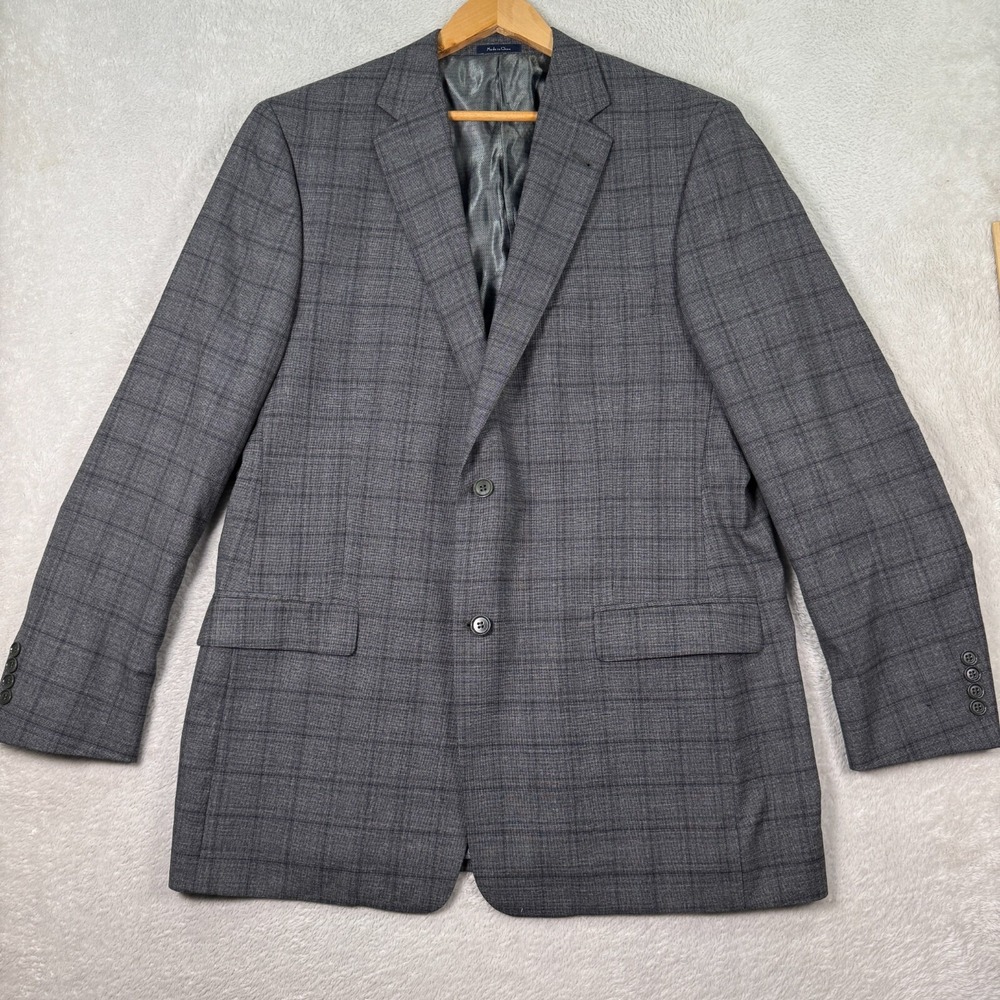 NEW Turnbury Blazer Jacket Mens 44L Charcoal Gray Plaid 100% Wool Casual Preppy